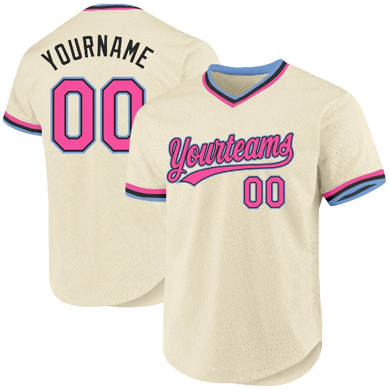 Personalized Baseball Jerseys For Teams-Custom Cream Pink Black-Light Blue Authentic Throwback Baseball Jersey