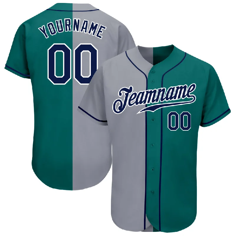 Personalized Baseball Jerseys For Fans & Players-Custom Teal Navy-Gray Authentic Split Fashion Baseball Jersey