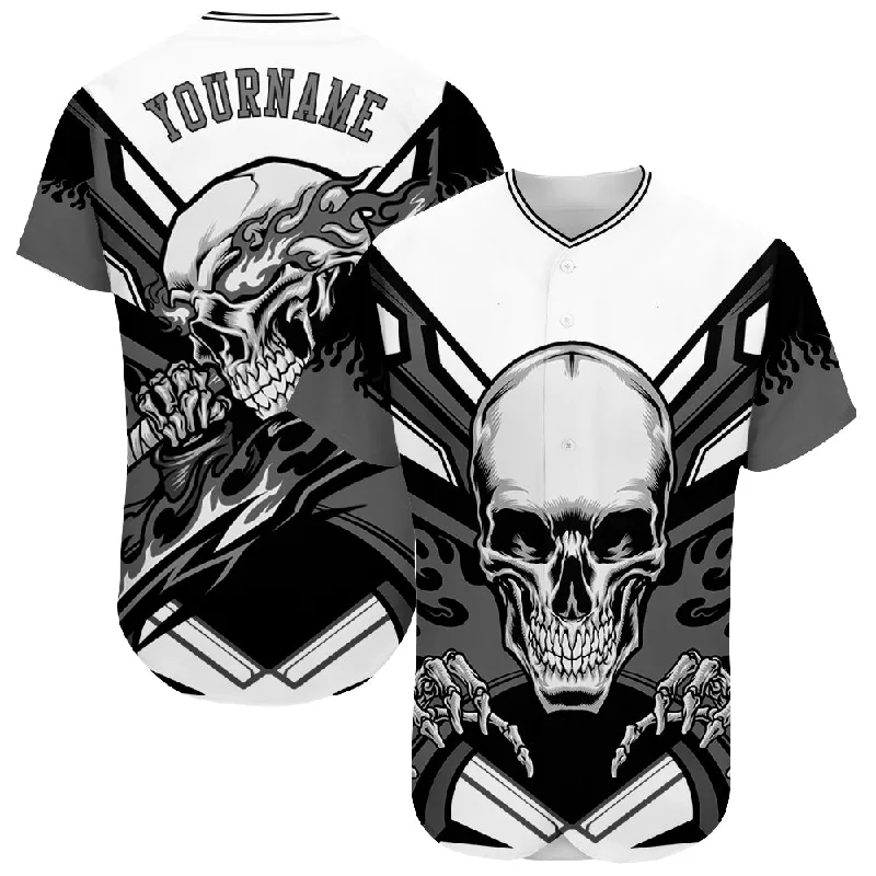 Custom Baseball Jerseys For Team Merchandise-Custom White Gray-Black 3D Skull Authentic Baseball Jersey