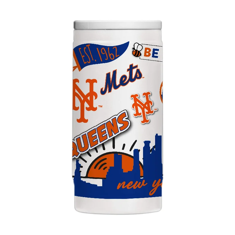 Team Mugs With Team Photos & Logos-New York Mets 12oz Native Powder Coat Slim Can Coolie