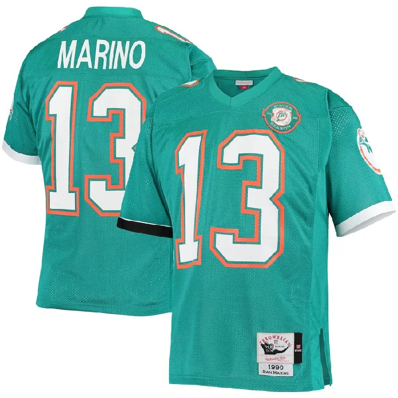 Personalized Rugby Jerseys For Corporate Events-M.Dolphins #13 Dan Marino Mitchell & Ness Aqua 1990 Authentic Throwback Retired Player Jersey Stitched American Football Jerseys