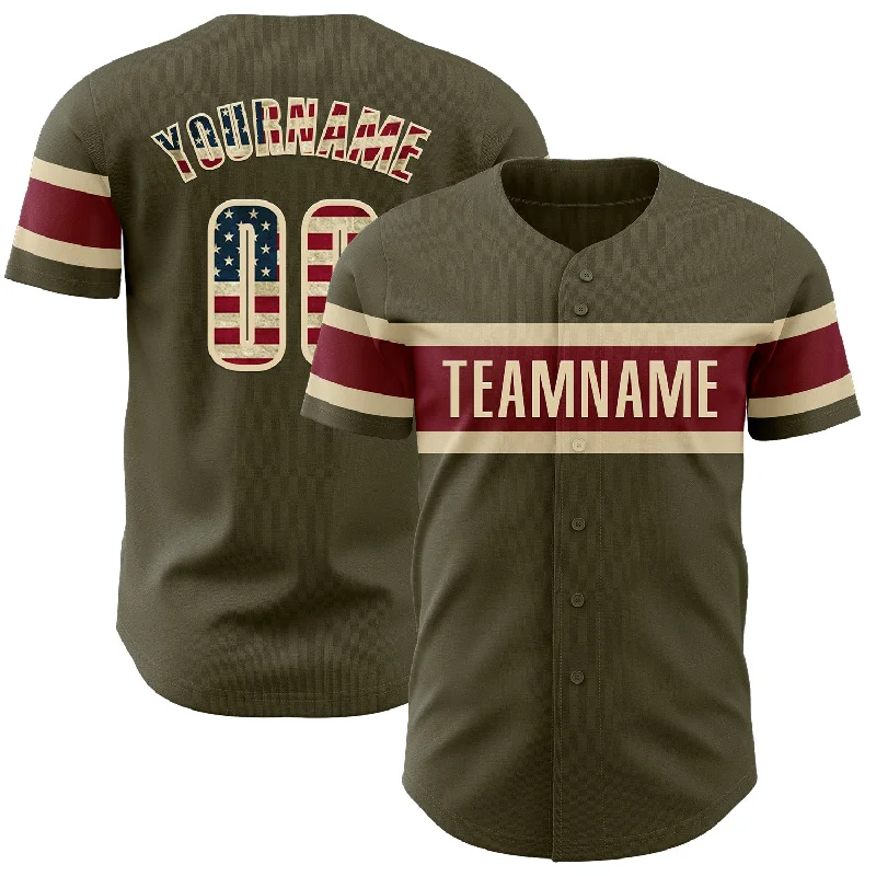 Custom Baseball Jerseys For Family Fun Days-Custom Olive Vintage USA Flag Cream-Crimson Authentic Salute To Service Baseball Jersey