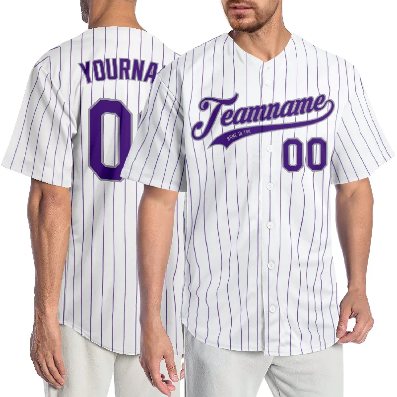 Custom Baseball Jerseys For Team Traditions-Custom White Purple Pinstripe Purple-Gray Authentic Baseball Jersey