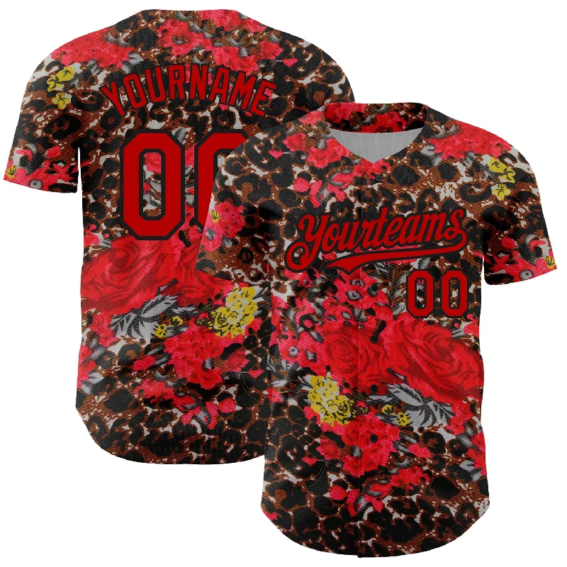 Personalized Baseball Jerseys For High School Leagues-Custom Black Red 3D Pattern Design Northeast China Big Flower And Leopard Print Authentic Baseball Jersey