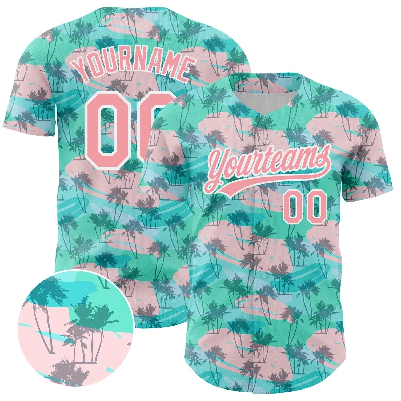 Baseball Jerseys For Player Appreciation-Custom Green Medium Pink-White 3D Pattern Design Tropical Hawaii Palm Trees Authentic Baseball Jersey