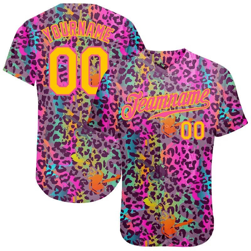 Baseball Jerseys For Special Holiday Events-Custom Graffiti Pattern Gold-Pink 3D Colorful Leopard Authentic Baseball Jersey