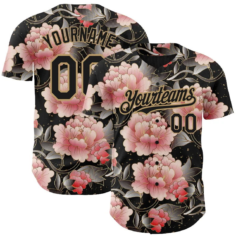 Personalized Baseball Jerseys For Player Recognition-Custom Black Old Gold 3D Pattern Design Northeast China Big Flower Authentic Baseball Jersey