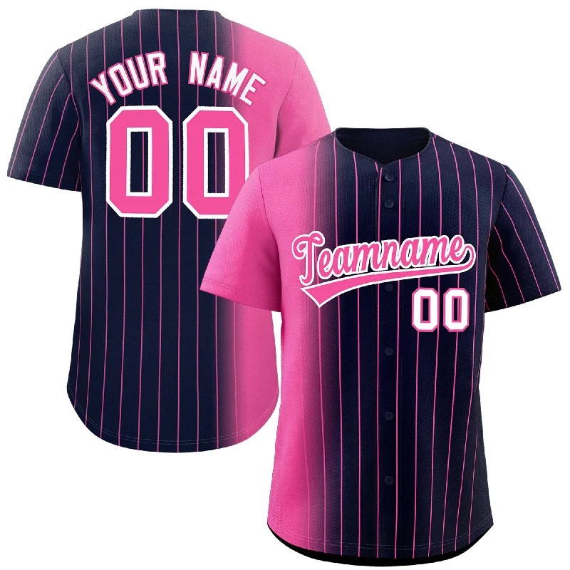 Custom Baseball Jerseys For Large Group Orders-Custom Navy Pink Pinstripe Personalized Gradient Authentic Baseball Jersey