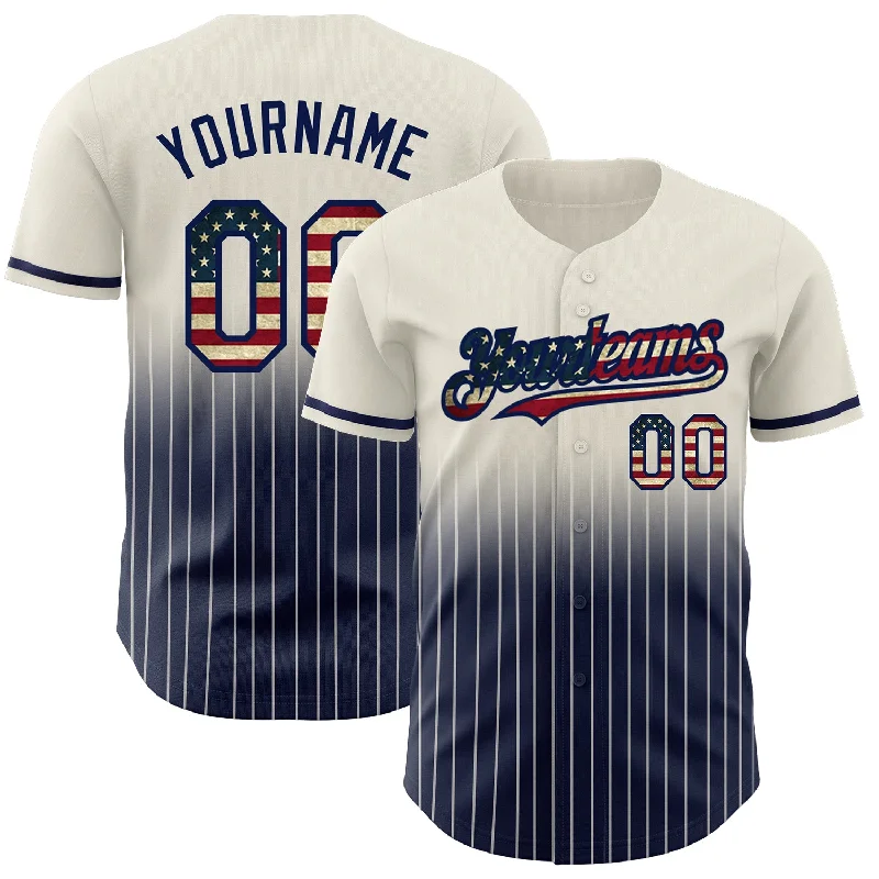 Personalized Baseball Jerseys For College Fundraising-Custom Cream Pinstripe Vintage USA Flag-Navy Authentic Fade Fashion Baseball Jersey