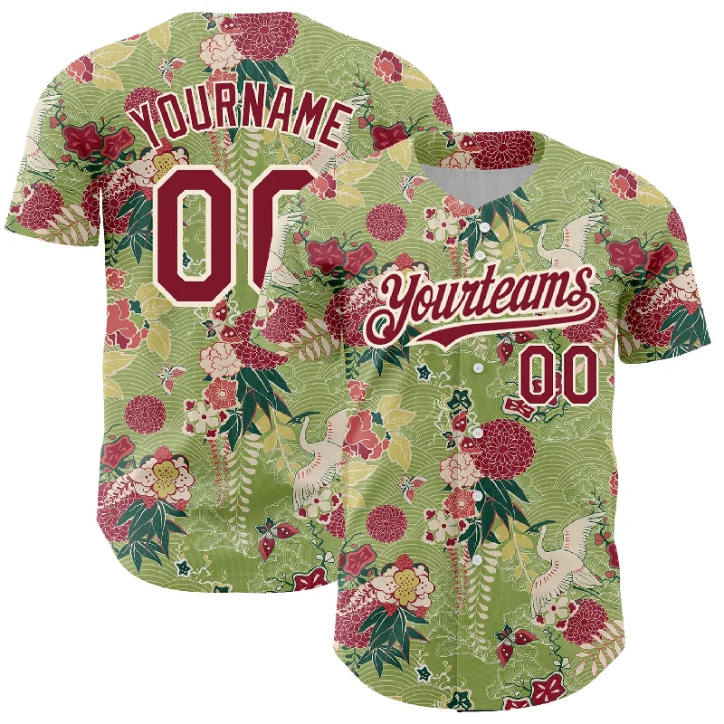 Custom Baseball Jerseys For Special Sponsors-Custom Green Crimson-Cream 3D Pattern Design Northeast China Big Flower And Crane Authentic Baseball Jersey