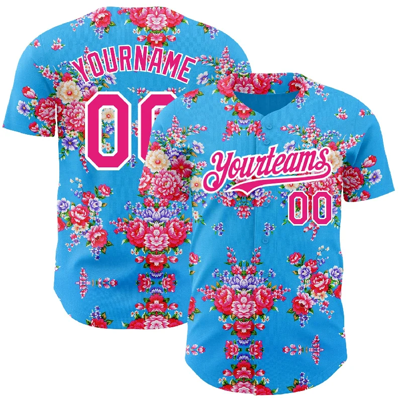 Custom Baseball Jerseys With School Team Designs-Custom Electric Blue Hot Pink-White 3D Pattern Design Northeast China Big Flower Authentic Baseball Jersey