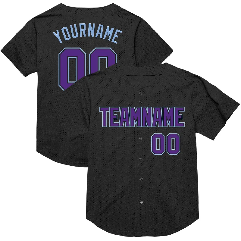 Custom Baseball Jerseys For Team Traditions-Custom Black Purple-Light Blue Mesh Authentic Throwback Baseball Jersey