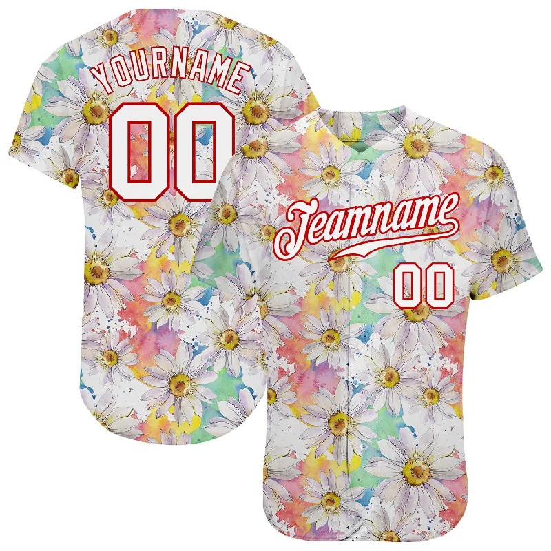 Baseball Jerseys With Custom Text-Custom White White-Red 3D Pattern Design Daisy Authentic Baseball Jersey