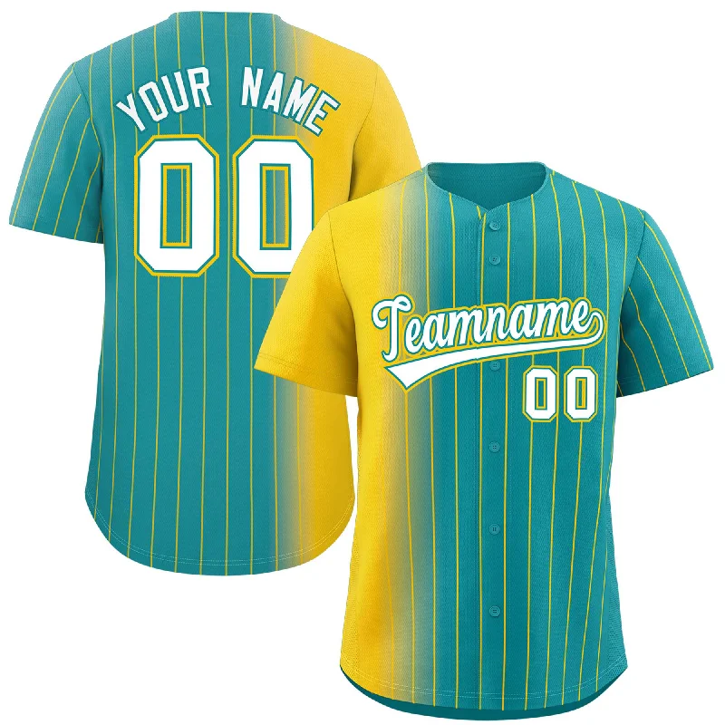 Personalized Baseball Jerseys With Team Logos-Custom Aqua Gold Pinstripe Personalized Gradient Authentic Baseball Jersey