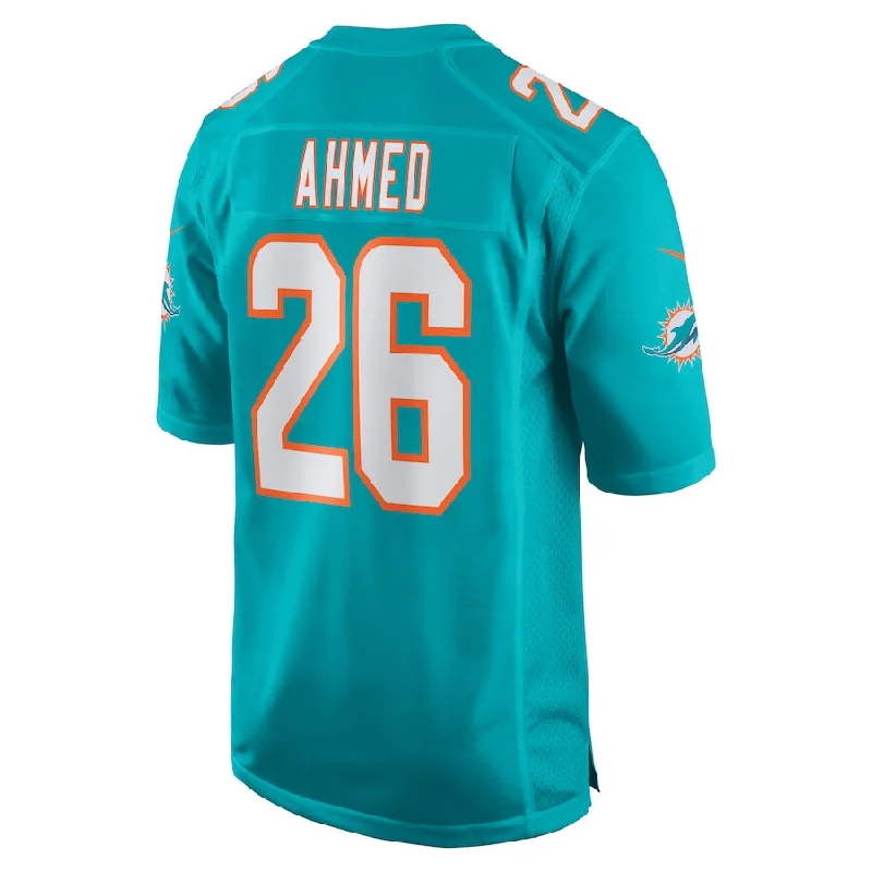 Rugby Jerseys With Bold & Bright Graphics-M.Dolphins #26 Salvon Ahmed  Aqua Game Jersey Stitched American Football Jerseys