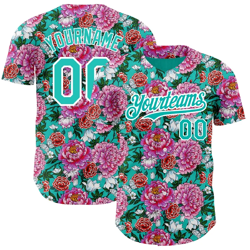 Custom Baseball Jerseys For Large Group Orders-Custom Pink Aqua-White 3D Pattern Design Northeast China Big Flower Authentic Baseball Jersey