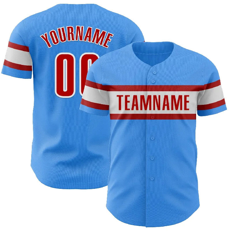 Baseball Jerseys With Custom Neck & Sleeve Designs-Custom Electric Blue Red-White Authentic Baseball Jersey