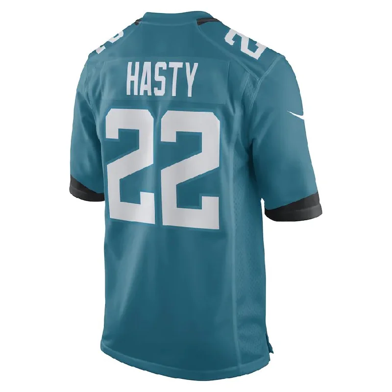 Custom Rugby Jerseys With Custom Team Names-J.Jaguars #22 Jamycal Hasty Teal Game Player Jersey Stitched American Football Jerseys