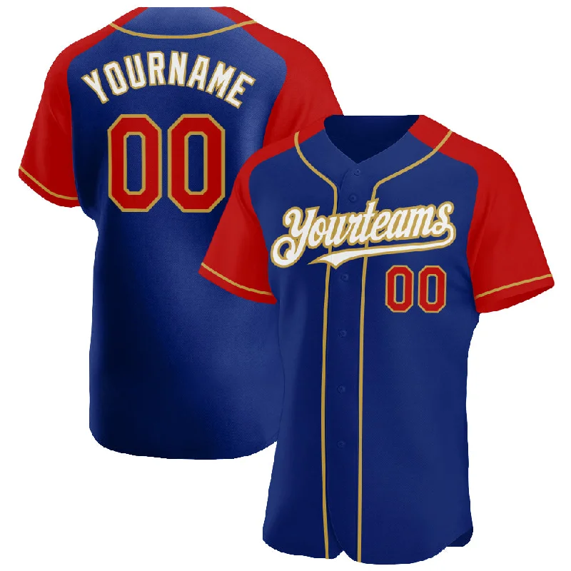 Baseball Jerseys For Player Appreciation-Custom Royal Red-Old Gold Authentic Raglan Sleeves Baseball Jersey