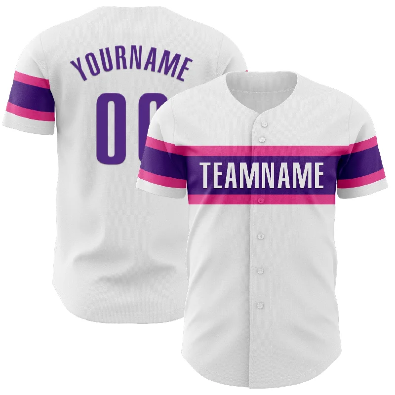 Personalized Baseball Jerseys With Team Logos-Custom White Purple-Pink Authentic Baseball Jersey