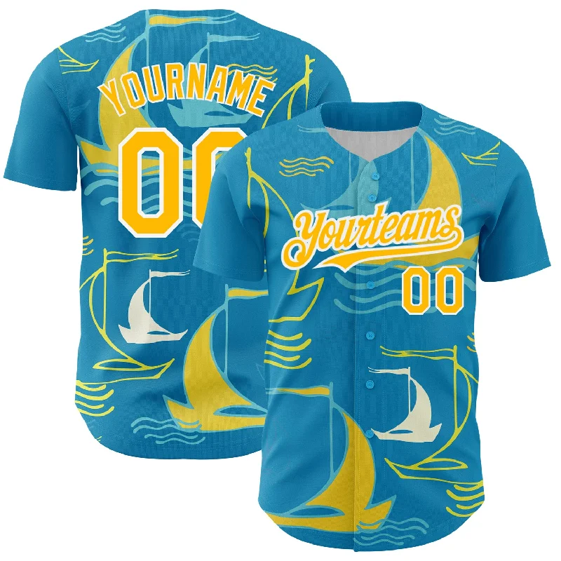 Baseball Jerseys For Fundraising Campaigns-Custom Panther Blue Gold-White 3D Pattern Design Sailing Boats Authentic Baseball Jersey