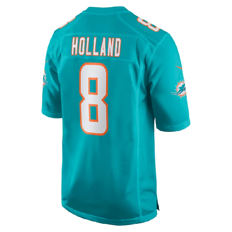 Custom Rugby Jerseys For Leagues and Tournaments-M.Dolphins #8 Jevon Holland Aqua Game Player Jersey Stitched American Football Jerseys