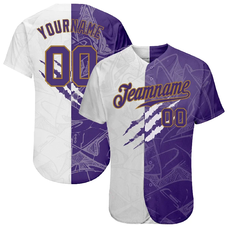 Baseball Jerseys For Team Building Activities-Custom Graffiti Pattern Purple-Old Gold 3D Authentic Baseball Jersey