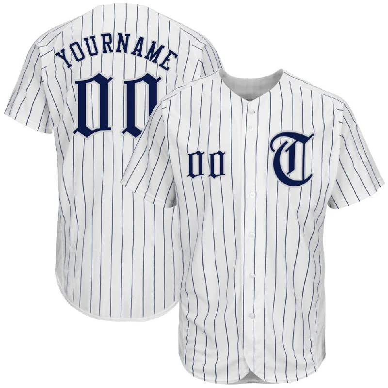 Custom Baseball Jerseys For School Teams & Spirit-Custom White Navy Pinstripe Navy-Gray Authentic Baseball Jersey