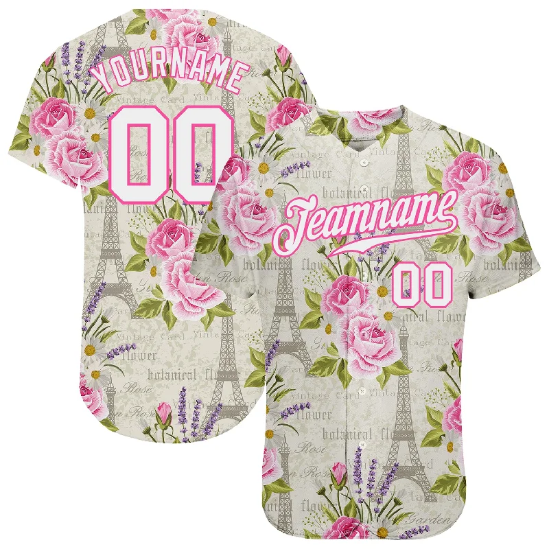 Custom Baseball Jerseys For Special Events-Custom White White-Pink 3D Pattern Design Floral Pattern With The Eiffel Tower Authentic Baseball Jersey