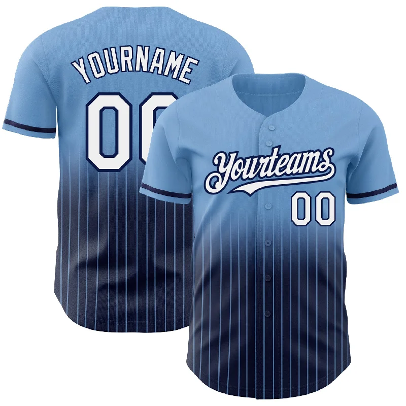 Baseball Jerseys With Embroidered Team Logos-Custom Light Blue Pinstripe White-Navy Authentic Fade Fashion Baseball Jersey