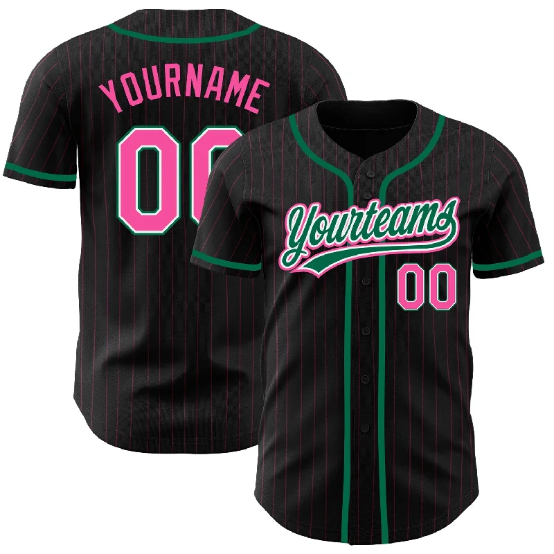 Personalized Baseball Jerseys For Team Fan Clubs-Custom Black Pink Pinstripe Pink-Kelly Green Authentic Baseball Jersey