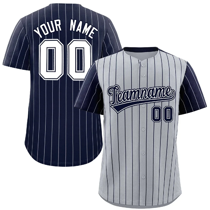 Personalized Baseball Jerseys For Small Teams-Custom Gray Navy Pinstripe Personalized Raglan Sleeves Authentic Baseball Jersey