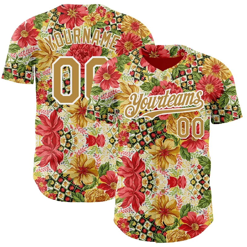 Personalized Baseball Jerseys For Sport Event Winners-Custom Red Old Gold-White 3D Pattern Design Northeast China Big Flower Authentic Baseball Jersey