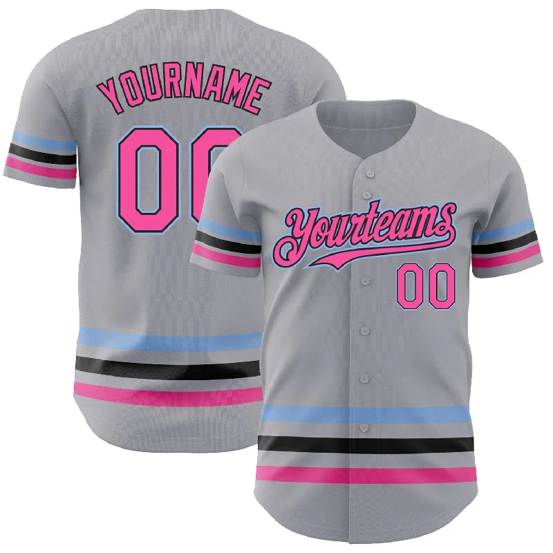 Custom Baseball Jerseys For Special Projects-Custom Gray Pink Black-Light Blue Line Authentic Baseball Jersey